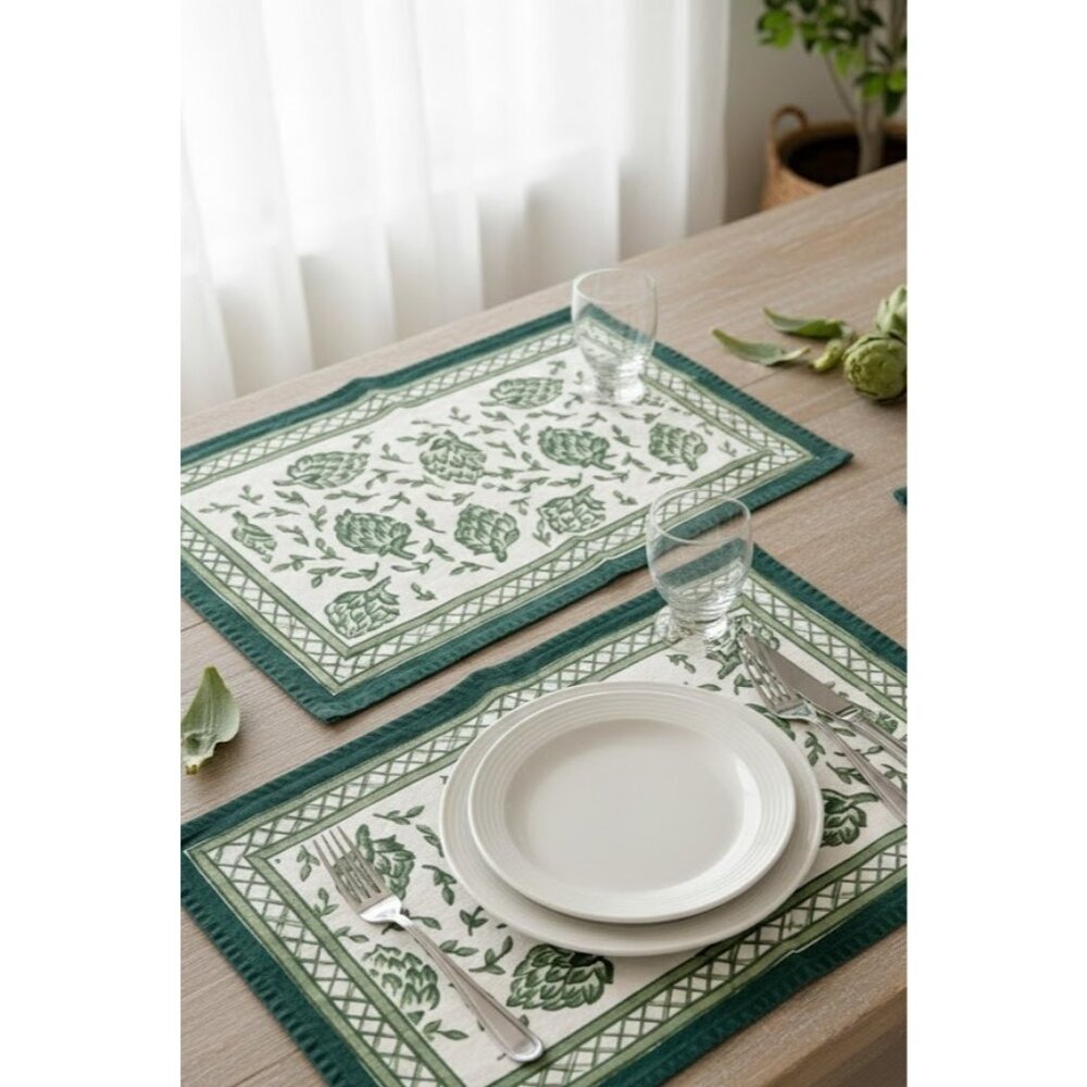 Lot of 2 Pomegranate Lexington‎ KY Artichoke Placemats Block Print 13x19 Cottage
